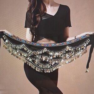 Black Belly Dance Hip Scarf with Gold Coins